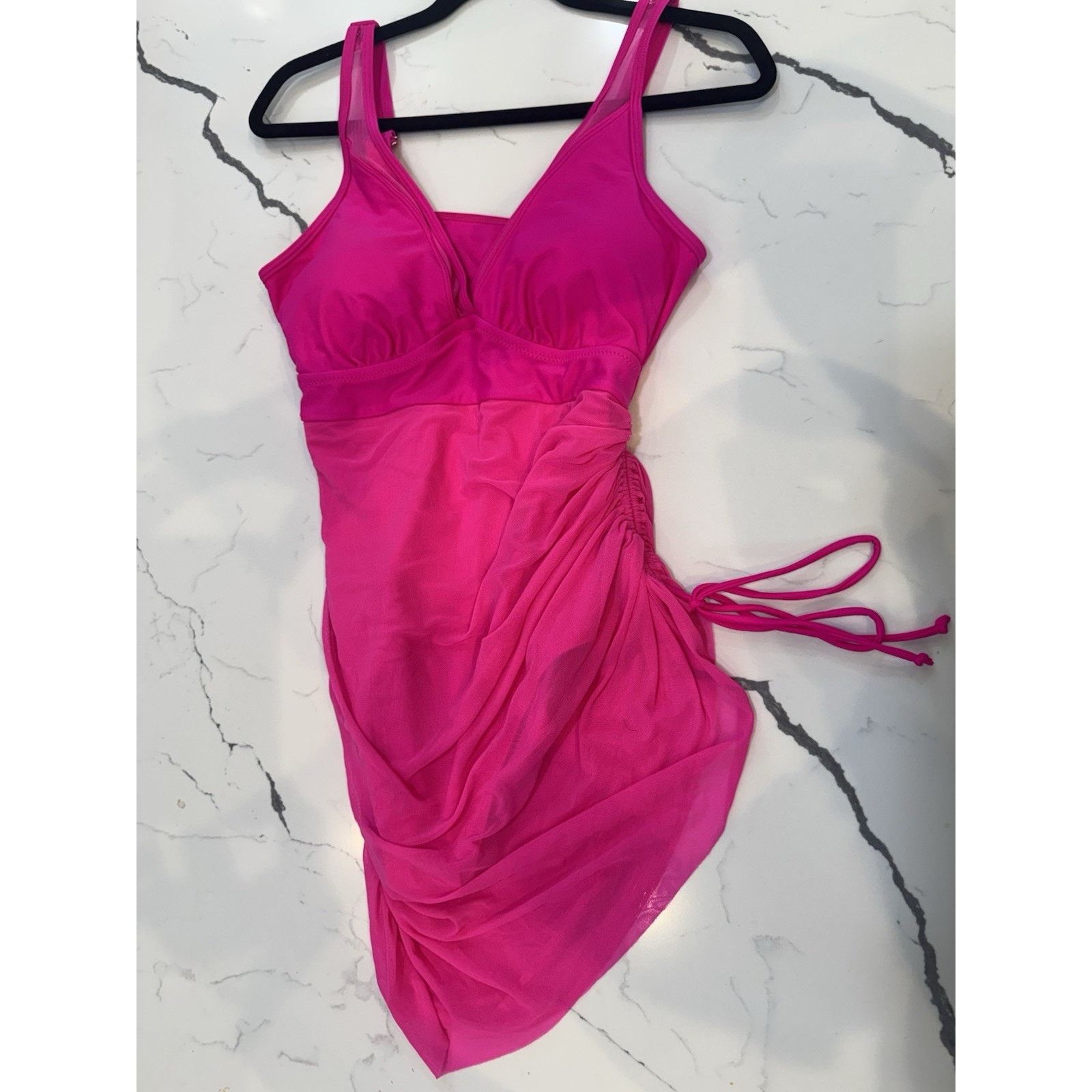 Other Hot Pink Ruched Swim Dress Tankini Swimsuit Mesh Cover Up Size XL / US 12-14 / IT 48-50 - 3 Thumbnail