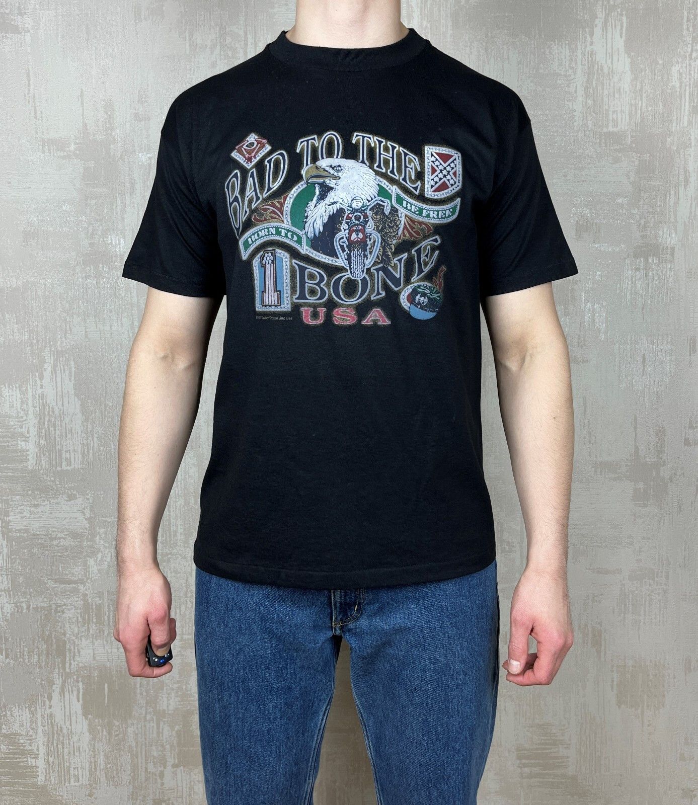 Vintage 90's Bad To The Bone USA Eagle Biker Moto Sun Art Design Size US M / EU 48-50 / 2 - 3 Thumbnail