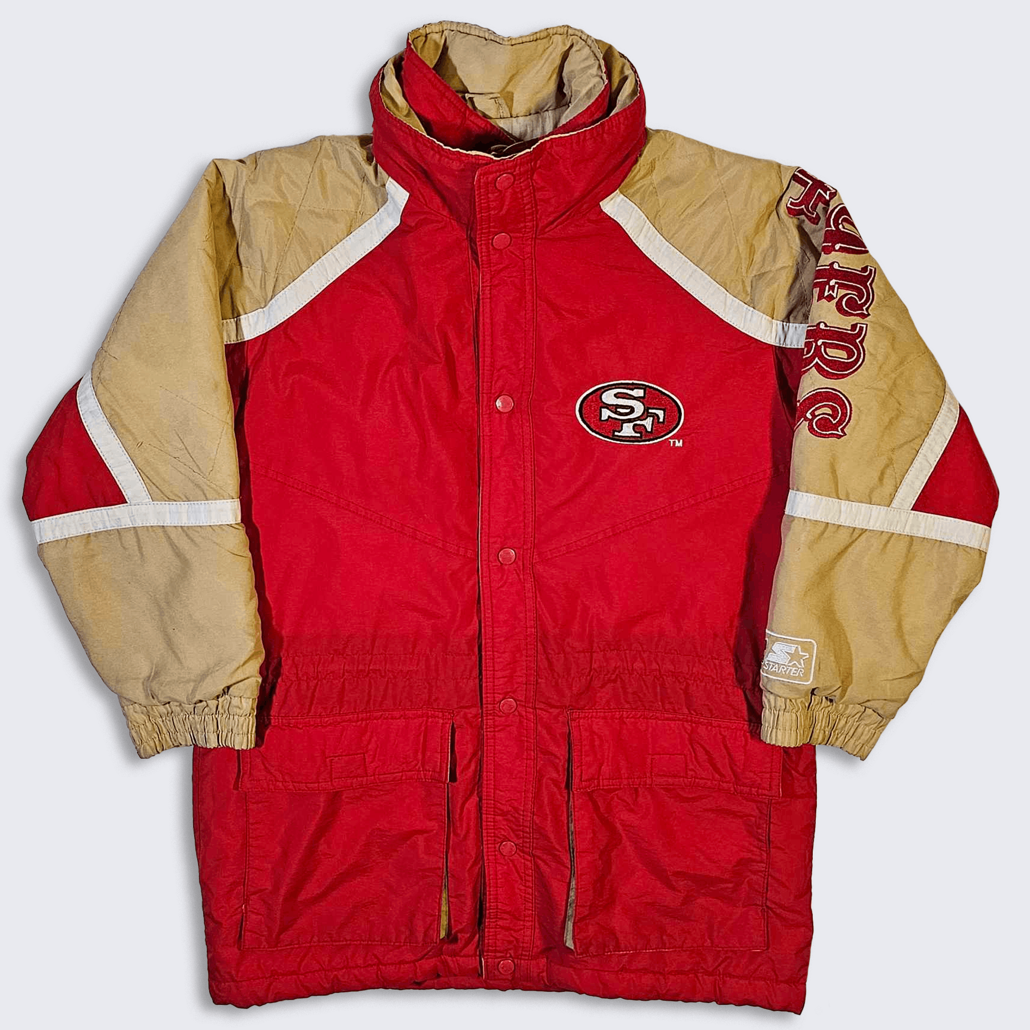 image of Nfl x Starter San Francisco 49Ers Vintage 90's Starter Long Jacket in Red Gold White (Size Large)