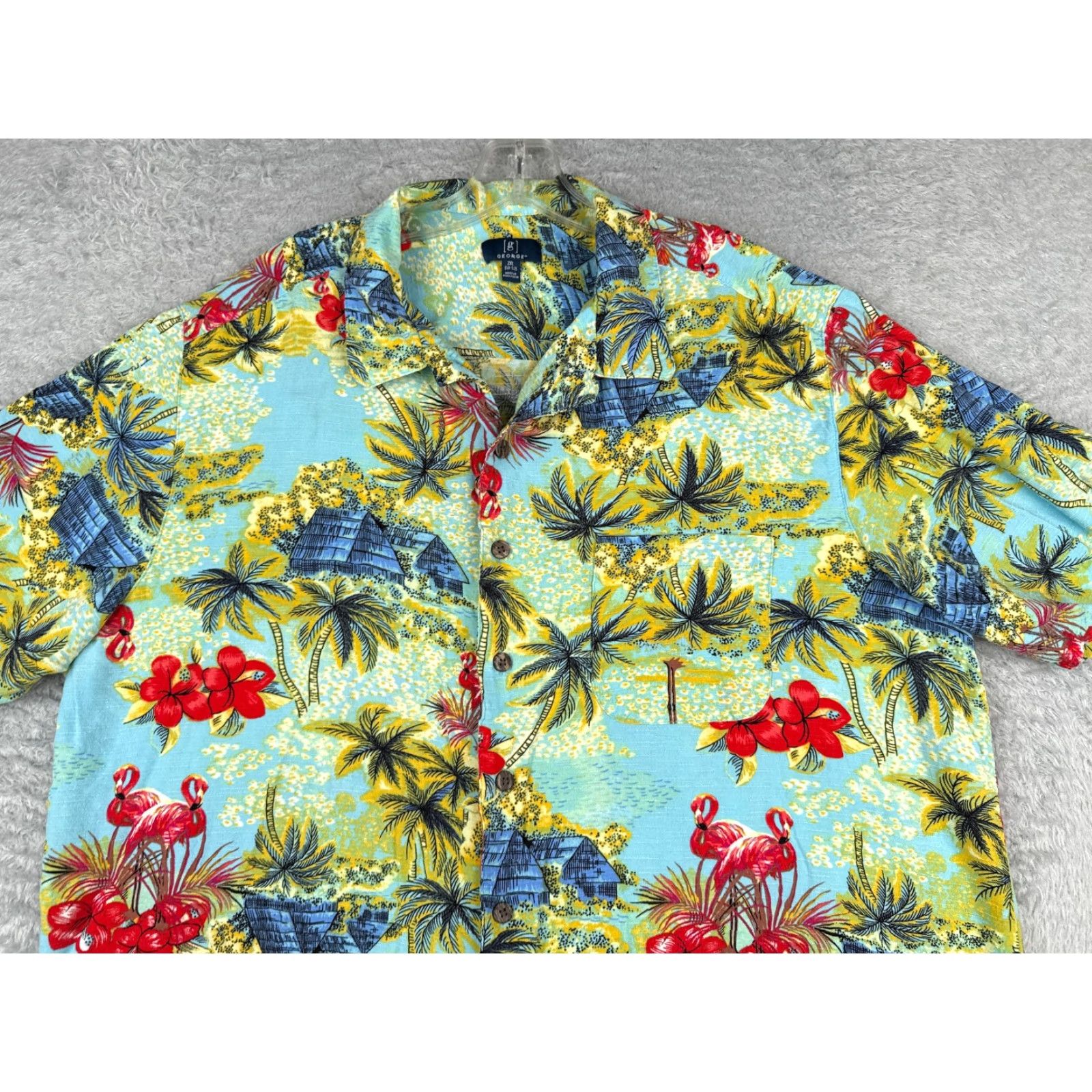 George George Shirt Adult 2XL Blue Floral Hawaiian Button-Up Short Sleeve Mens Casual Party/Cocktail Travel Flower Size US XXL / EU 58 / 5 - 4 Thumbnail