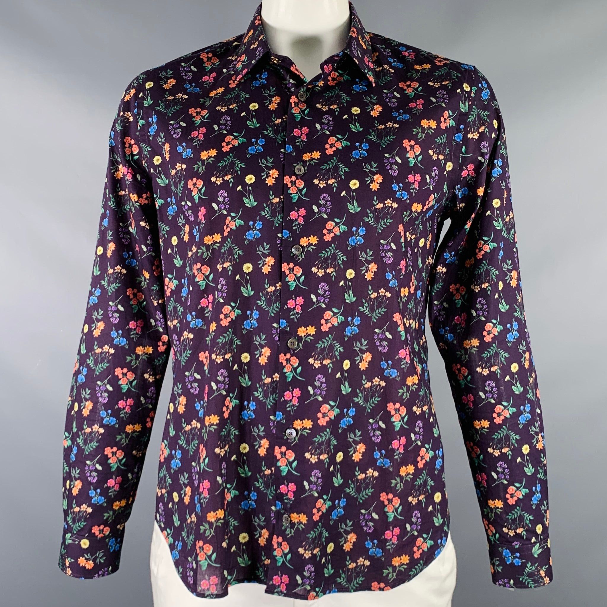 Image of Paul Smith Black Multi Color Floral Button Up Long Sleeve Shirt in Purple, Men's (Size XL)