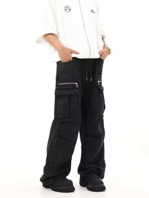 image of Designer Flared Distressed Hiphop Baggy Cargo Pants in Grey, Men's (Size 30)