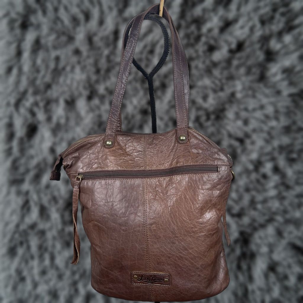 Vintage Lucky Brand Brown Leather Chevron Patchwork Shoulder Bag Large Boho Chic Womens