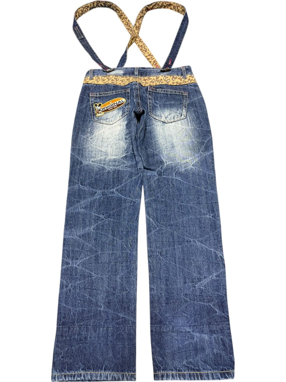 Disney Vintage Mickey Disney Patch Distress Suspenders Jeans Size 31" - 2 Thumbnail