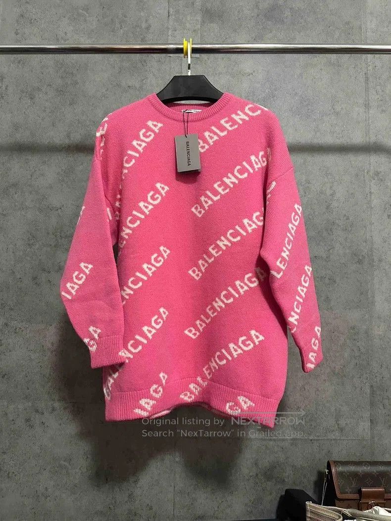 Balenciaga Logo All-Over Print Pink Knit Sweater.