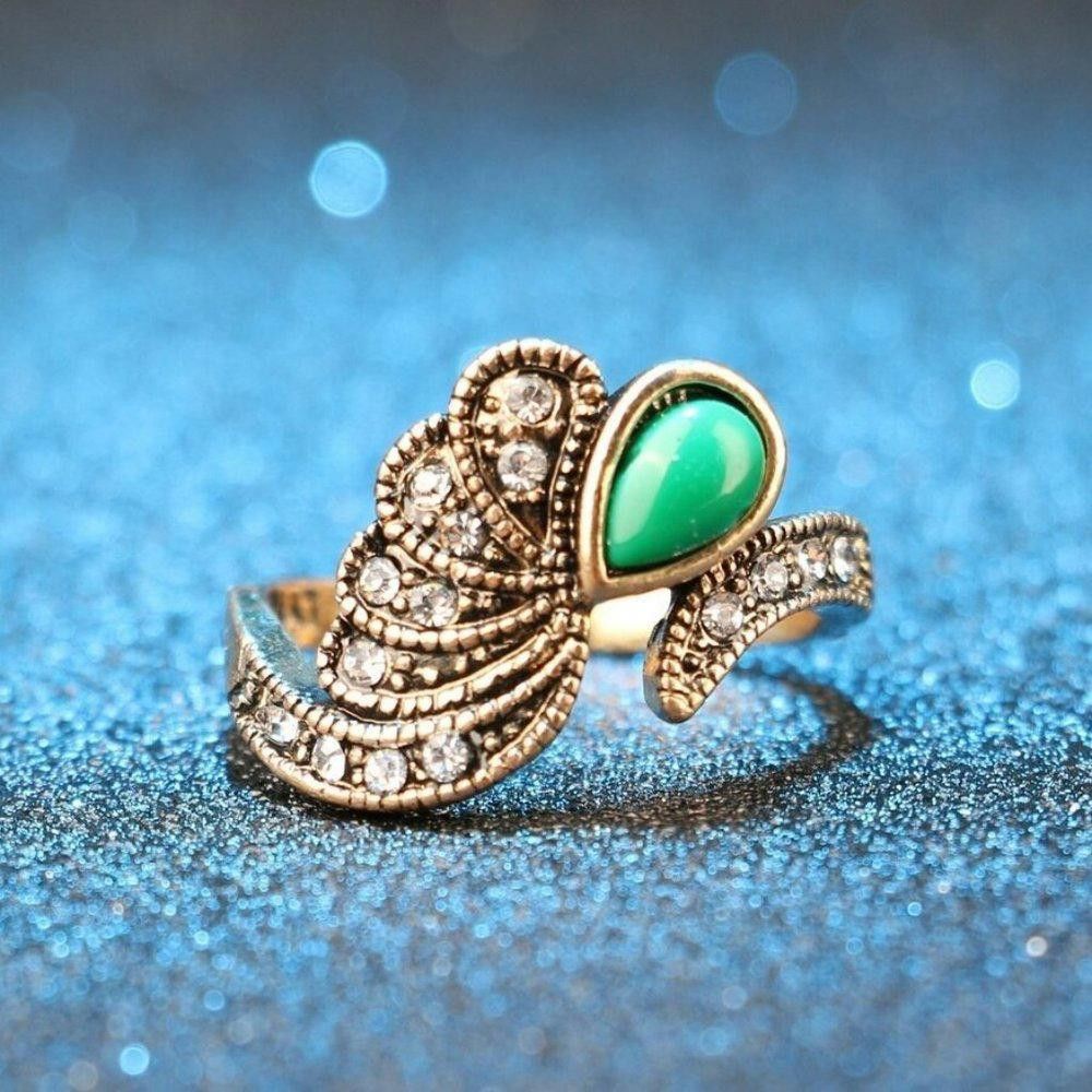Designer Antique Gold Mosaic Green Resin Ethnic Boho Ring - Size 7 Size ONE SIZE - 2 Thumbnail