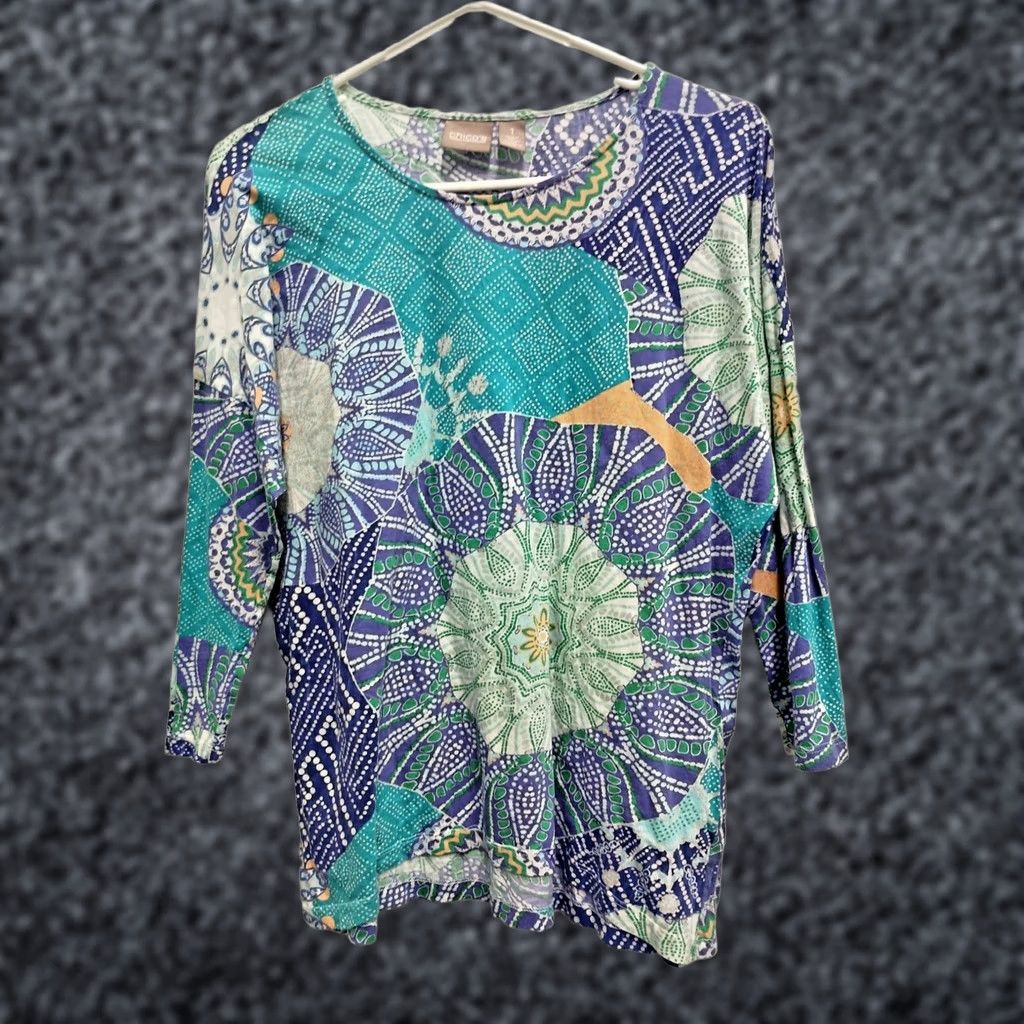 Vintage Chicos Womens Wearable Art Top Medium Blue Abstract 3/4 Sleeve Pullover Casual Shirt Womens Art Top 3/4 Sleeve Blue Pullover Casual Chico's Size M / US 6-8 / IT 42-44 - 1 Thumbnail