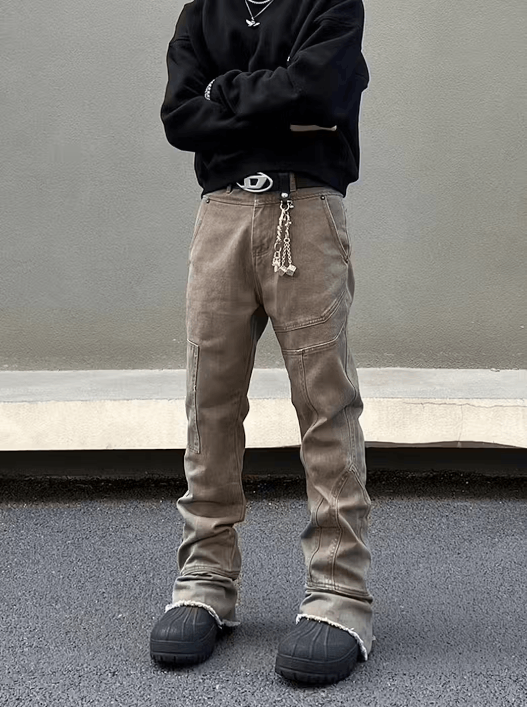 image of Khaki Flared Jeans Y2K Patchwork, Men's (Size 31)