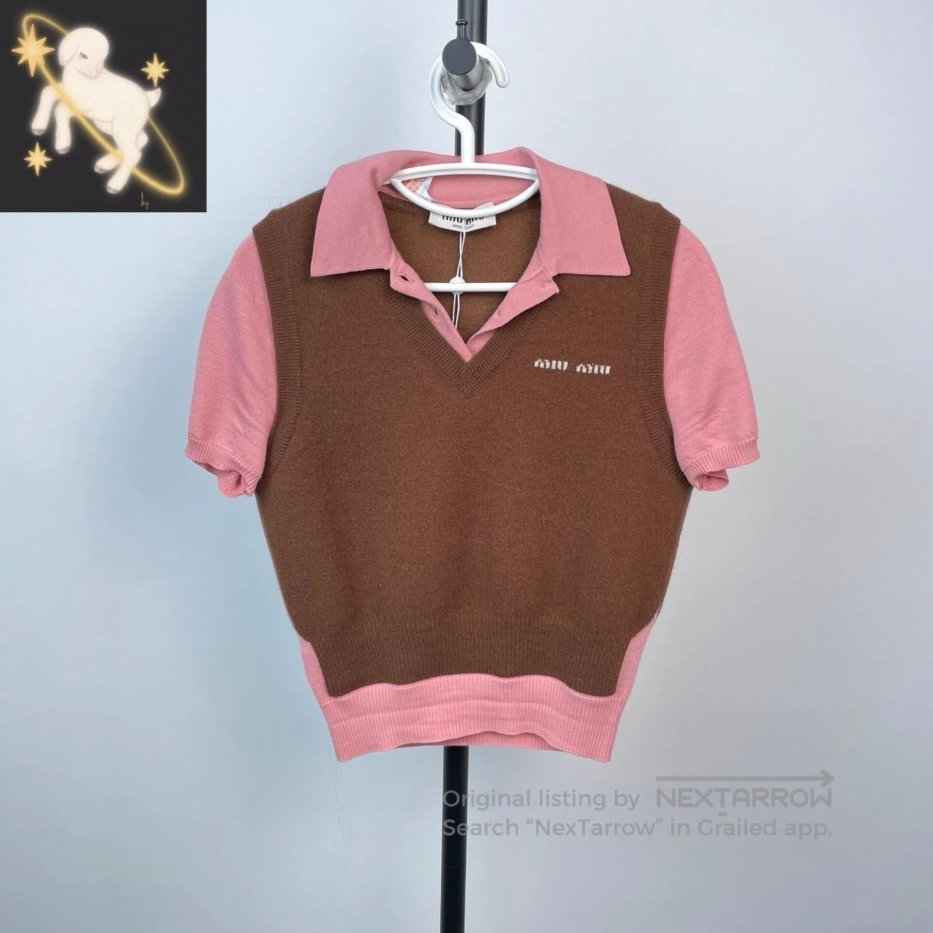 Miu Miu Miu Miu Coffee and pink color block short-sleeve knit polo Size XS / US 0-2 / IT 36-38 - 1 Thumbnail