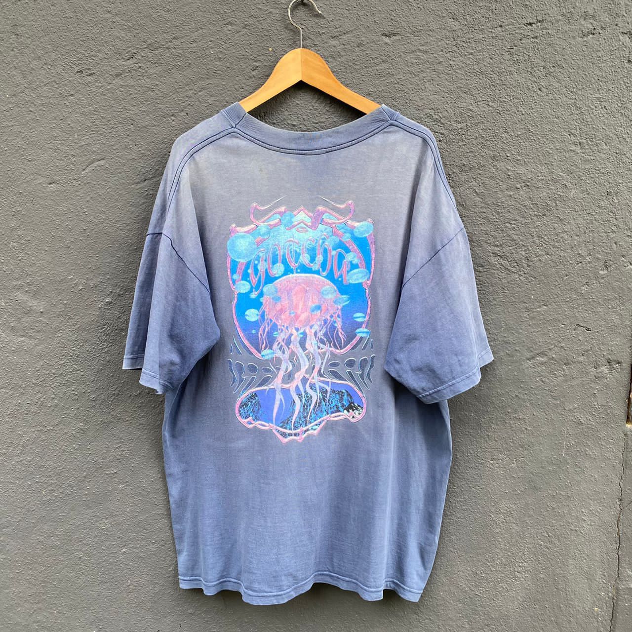 image of 1990X Clothing x Gotcha Vintage 90's Thrashed Faded Gotcha Surfing Brand Tee in Blue (Size 2XL)