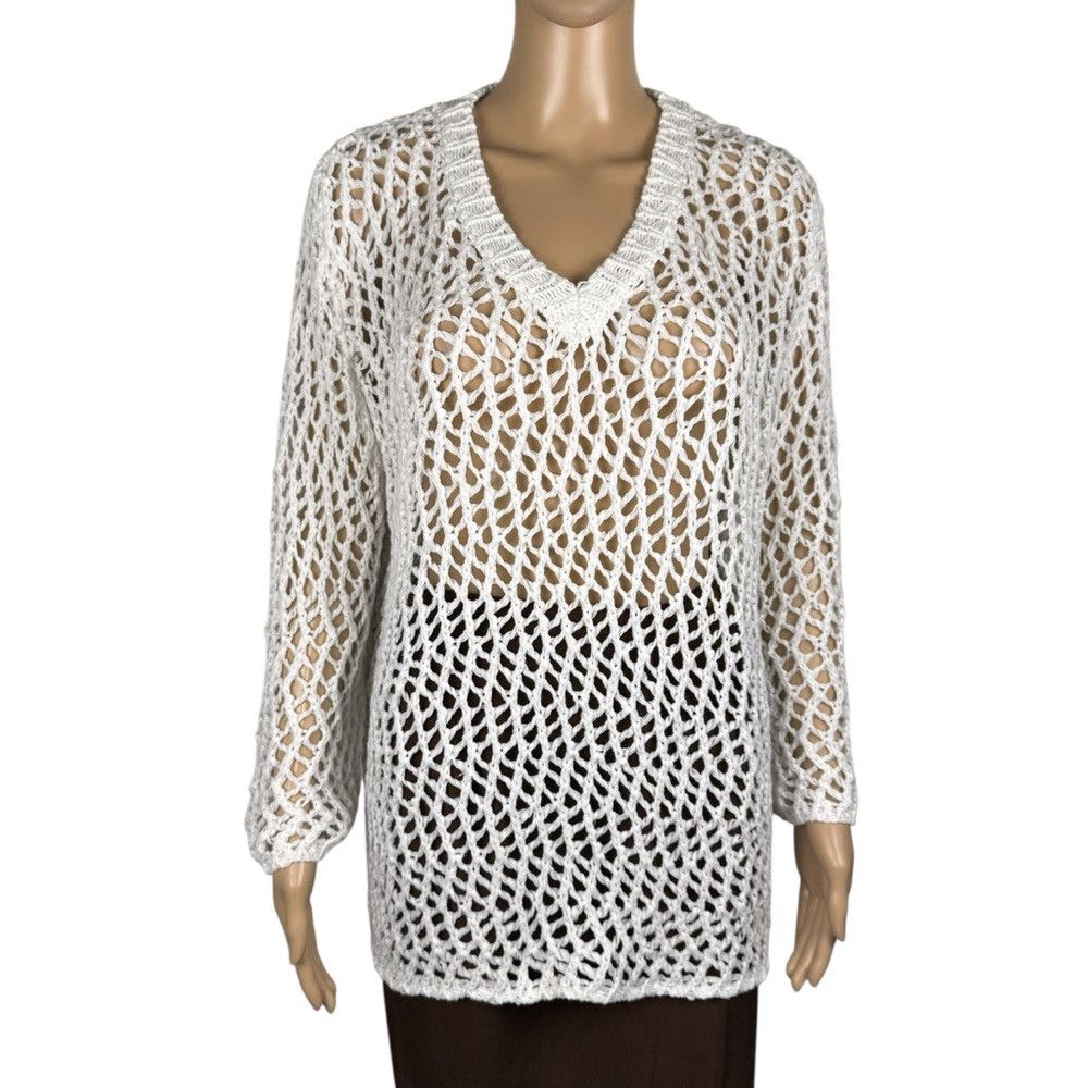 Other Lauren Vidal V-Neck Open Knit White Long Sleeve Sweater Siz Size XL / US 12-14 / IT 48-50 - 1 Thumbnail