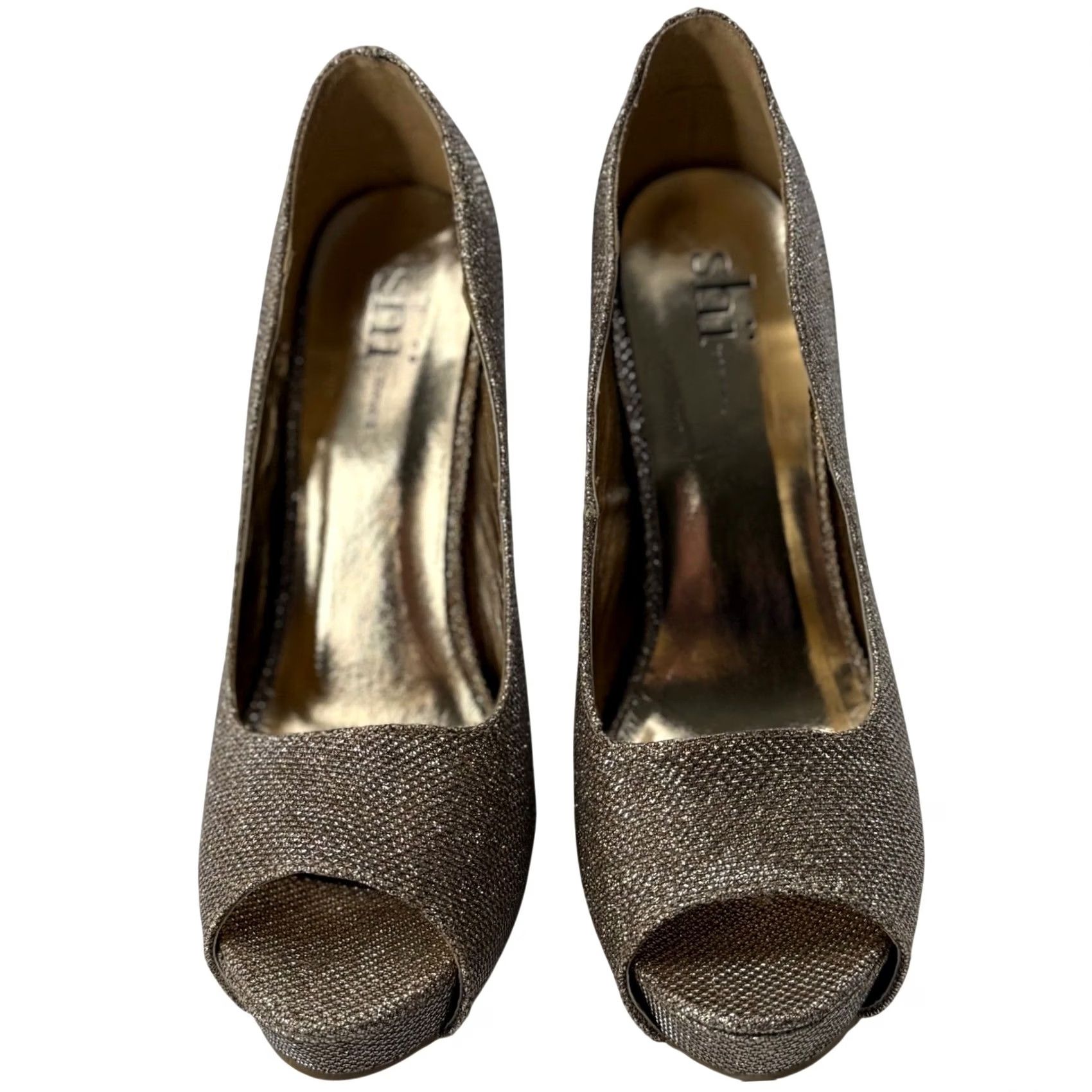 Vintage SHI By Journeys Gold Glitter Peep Toe Platform Pump Stiletto Heel Formal Y2K Prom Wedding Women 6.5 US 6.5 UK 39.5 EU Size US 7 / IT 37 - 4 Thumbnail