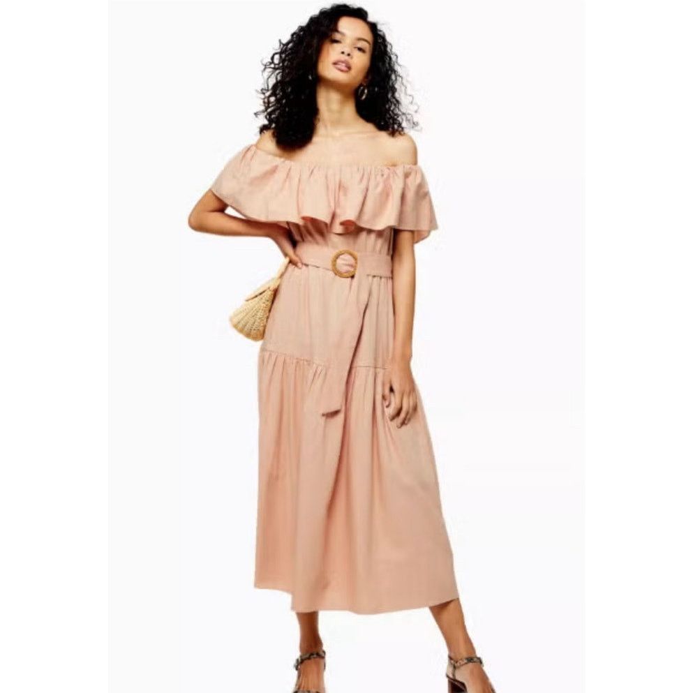 Topshop Blush Bardot Linen Midi Dress 6 | Romantic Coastal Topshop Size M / US 6-8 / IT 42-44 - 3 Thumbnail