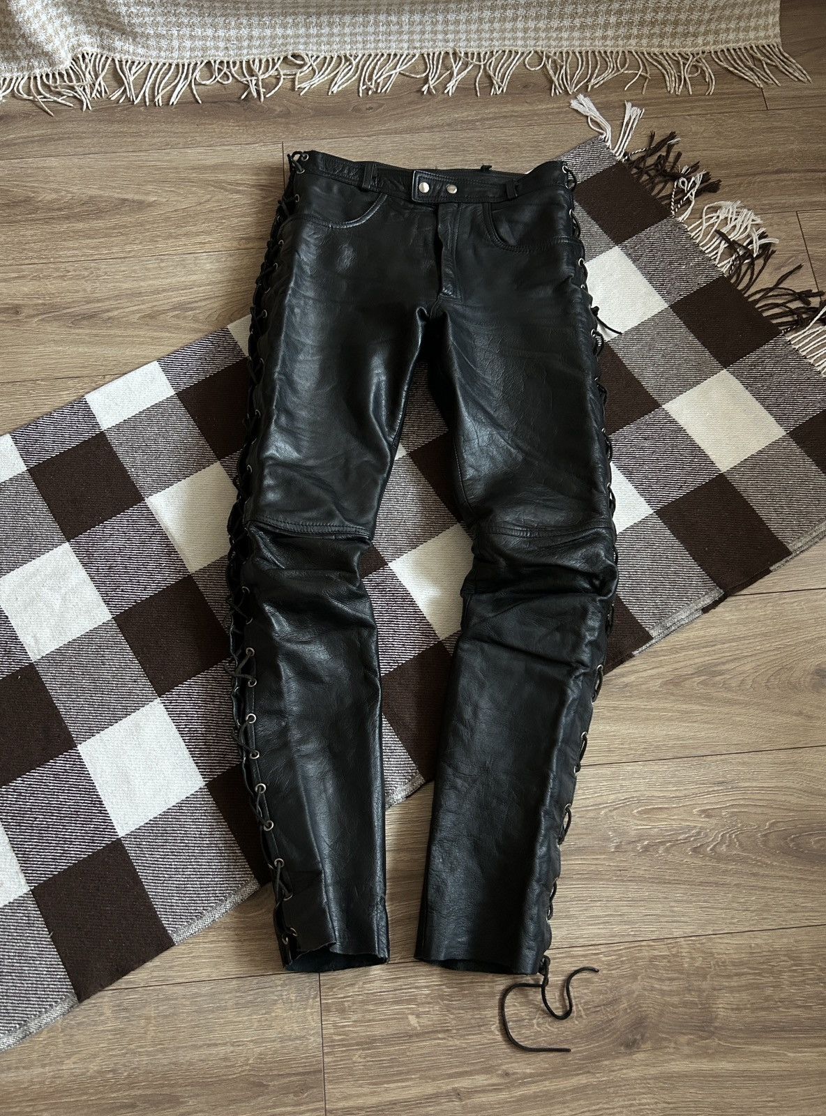 Genuine Leather Vintage Cow boys biker leather pants mens avant-garden Size US 31 - 1 Thumbnail