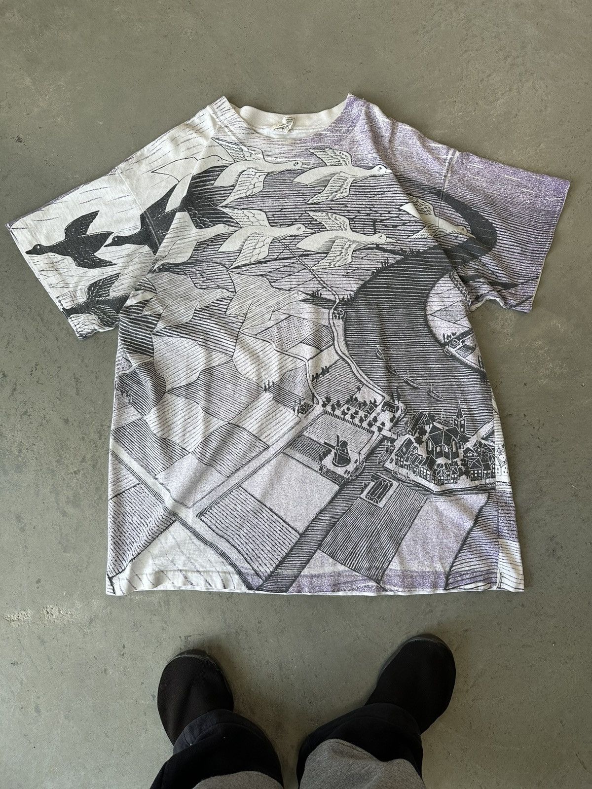 image of Vintage 90's Mc Escher Aop Bird Farm Tee in White, Men's (Size XL)