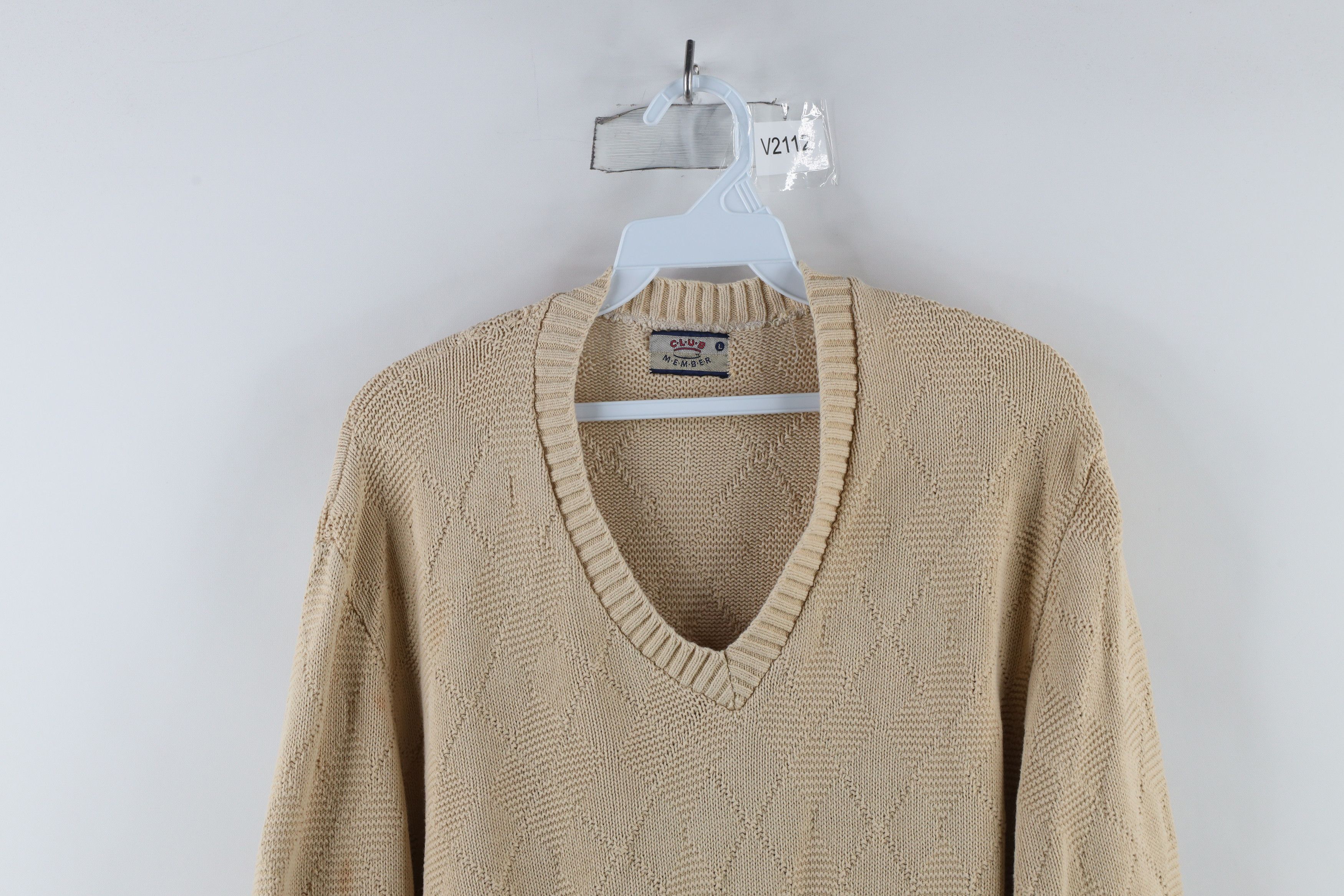Vintage Vintage 90s Streetwear Diamond Knit V-Neck Sweater Beige Size L / US 10 / IT 46 - 2 Thumbnail