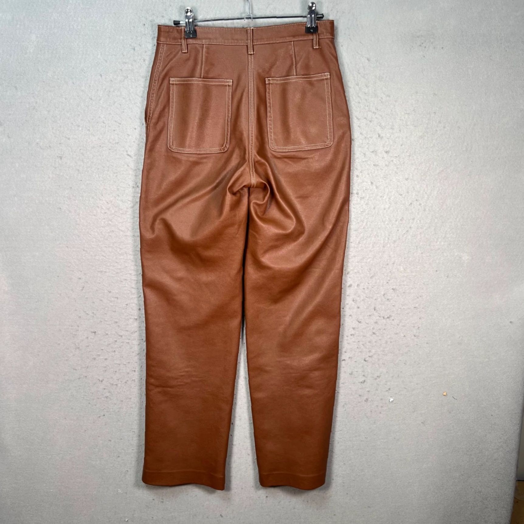 Vintage Wilfred High-Waisted Brown Faux Leather Pants Straight Leg Womens Size 0 Dress Pants Pockets 27in Inseam Polyurethane Leather Polyester Size 25" / US 0 / IT 36 - 2 Thumbnail