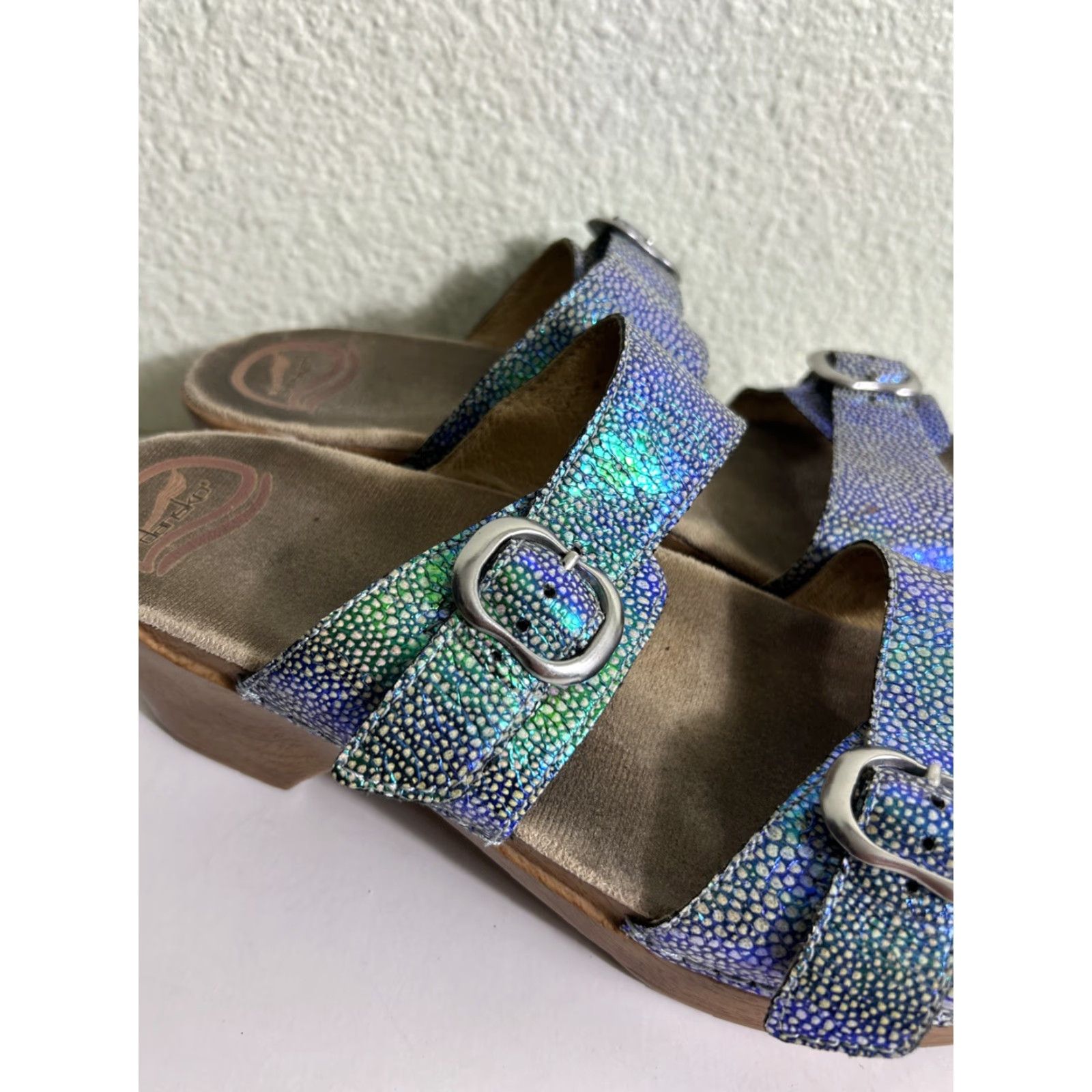 Dansko VINTAGE Dansko Sandal Sophie Blue Iridescent Double Strap Clog Sandals 41 US 11 Women Straps Leather Slip-On Size US 11 / IT 41 - 3 Thumbnail
