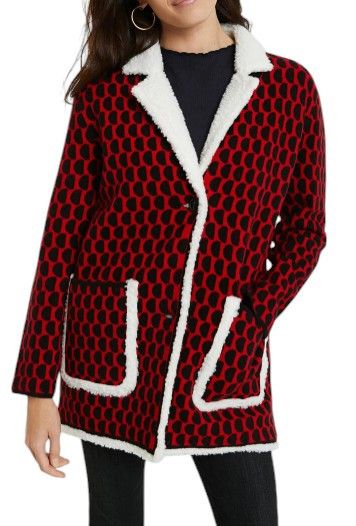 Desigual JERS DENVER L Red Patterned Tricot Fleece Coat 88465 Size L / US 10 / IT 46 - 1 Thumbnail
