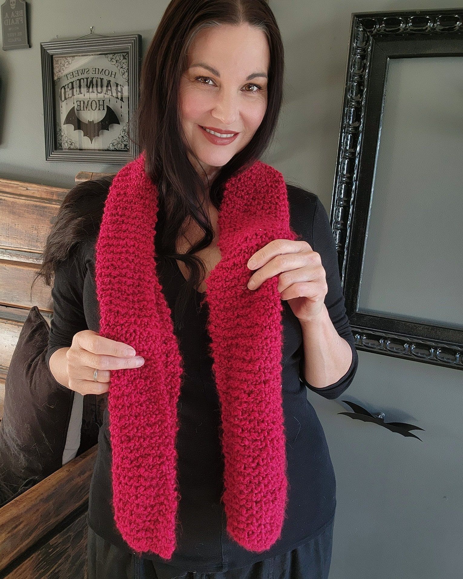 Handmade Knit Scarf, Chunky Red Boucle Yarn, "Crimson" OOAK One Of A Size ONE SIZE - 8 Thumbnail