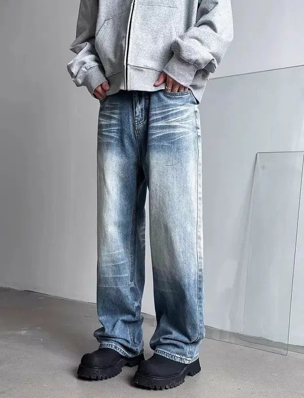 Japanese Brand VIBE Retro faded blue distressed design straight leg jeans Size US 34 / EU 50 - 5 Thumbnail