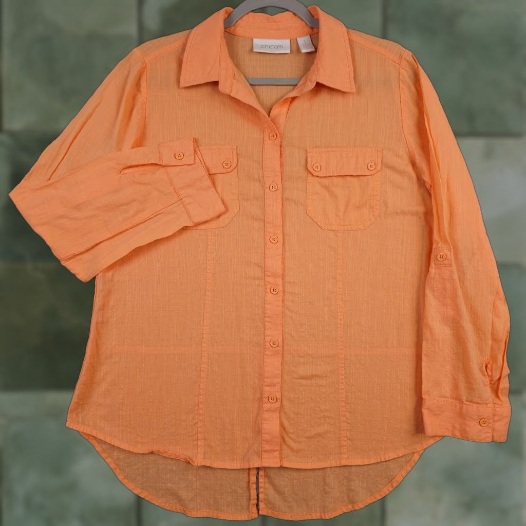 Vintage Chicos Shirt Womens 1 US Medium Orange Button Up Roll Tab Sleeve Shirttail Hem Shirt Womens M Orange Button-Up Roll Tab Sleeve Shirttail Hem Size M / US 6-8 / IT 42-44 - 1 Thumbnail
