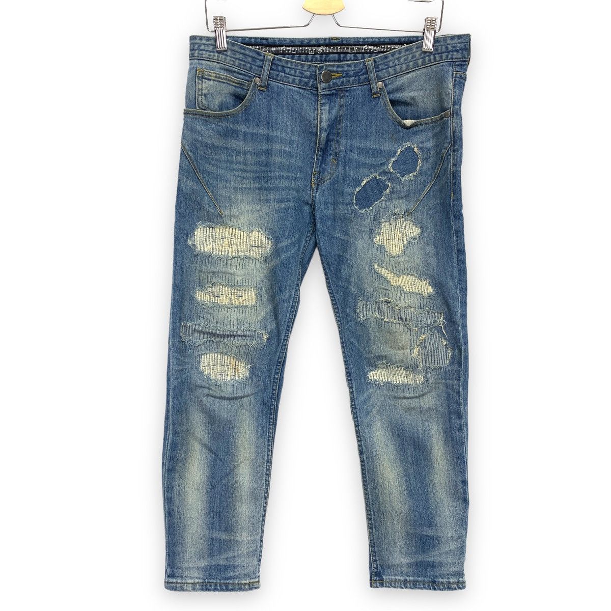 image of Number Nine X Nano Universe Cropped Distressed Denim Jeans in Indigo, Men's (Size 33)