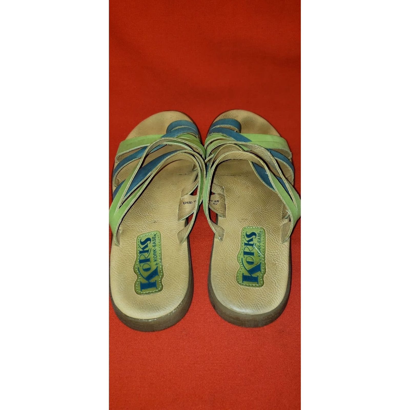 Vintage Korks Women's Strappy Slide Toe Ring Sandals Size 7M Green & Blue Leather Cushioned Insole Casual Shoes Womens Size US 7 / IT 37 - 6 Thumbnail