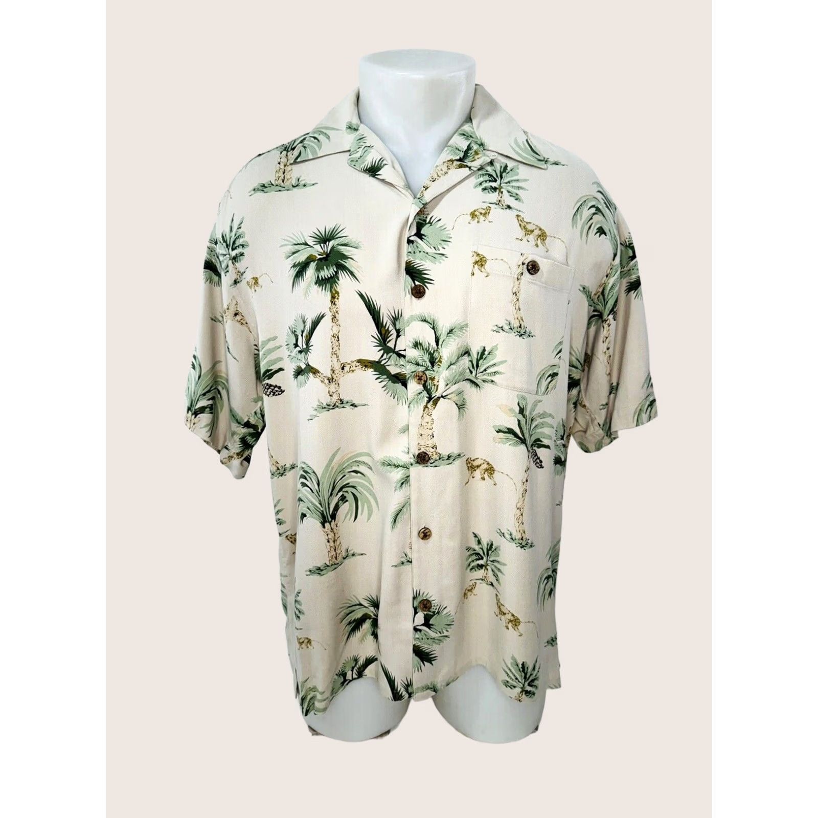Tommy Bahama TOMMY BAHAMA - Silk MONKEYS / PALMS ALL OVER Loop Collar M Hawaiian Shirt Shirt Mens Beige / Green 90s Hawaiian Size US M / EU 48-50 / 2 - 1 Thumbnail
