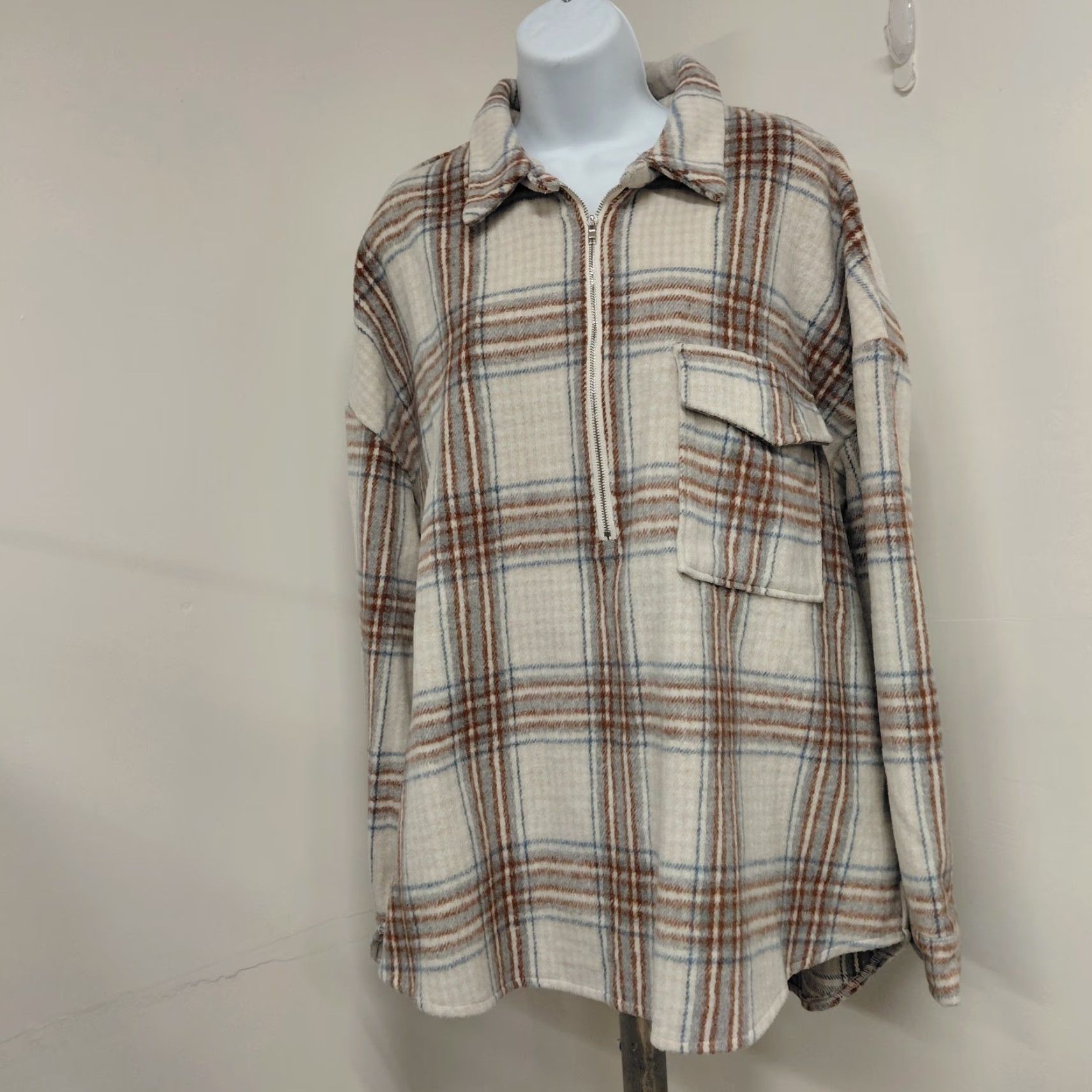 Vintage Women's Pullover Jacket Size 2XL Tan/Blue Pocket Plaid Half Zip Sweatshirt Shirt Size XXL / US 16-18 / IT 52-54 - 6 Thumbnail