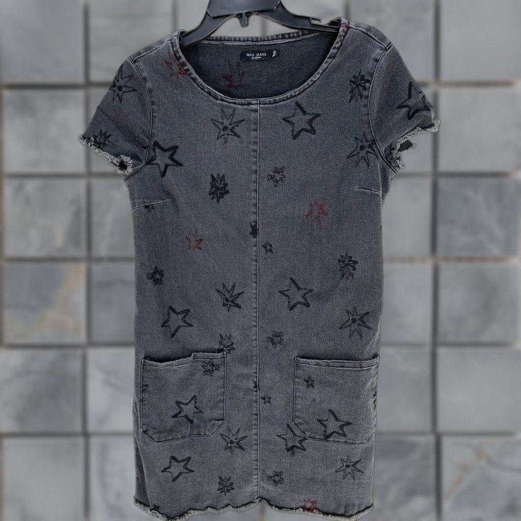 Denime Max Jeans Dress Women XS Gray Stars Short Sleeve Pockets Scoop Neck Y2K Grunge Skater Knee Length Size 26" / US 2 / IT 38 - 1 Thumbnail