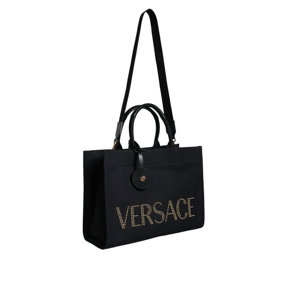 Versace Versace Black Top Handle Canvas Leather Logo Crossbody Tote Size ONE SIZE - 2 Thumbnail