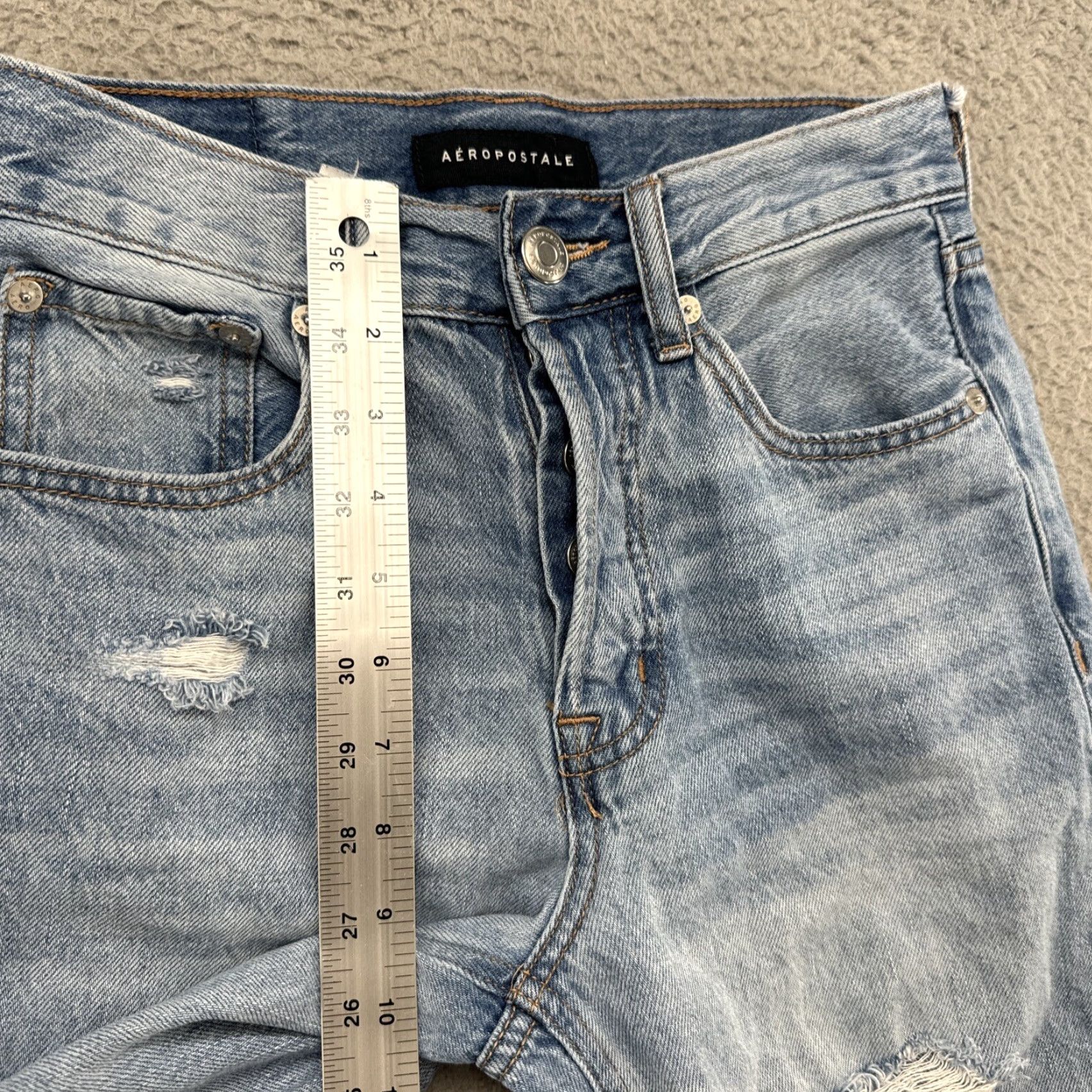 Vintage Aéropostale Jeans Women High Rise Straight Distressed Button Fly Size 0 Blue Denim Stretch 5-Pocket 90s Theme Size 25" / US 0 / IT 36 - 6 Thumbnail