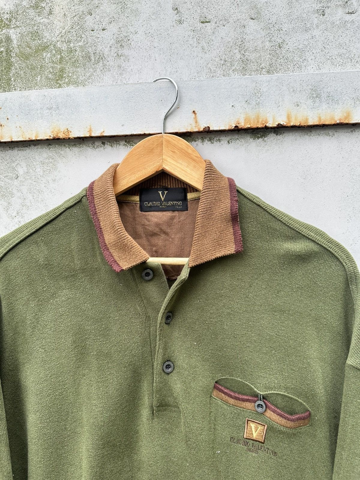 Valentino 👹Claudio Valentino Italy Olive Green Long Sleeves Polo Size US L / EU 52-54 / 3 - 7 Thumbnail