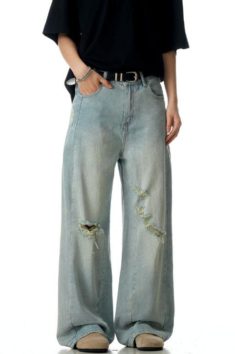 Vintage Retro men's loose wide-leg casual straight-leg ripped jeans Size US 32 / EU 48 - 3 Thumbnail