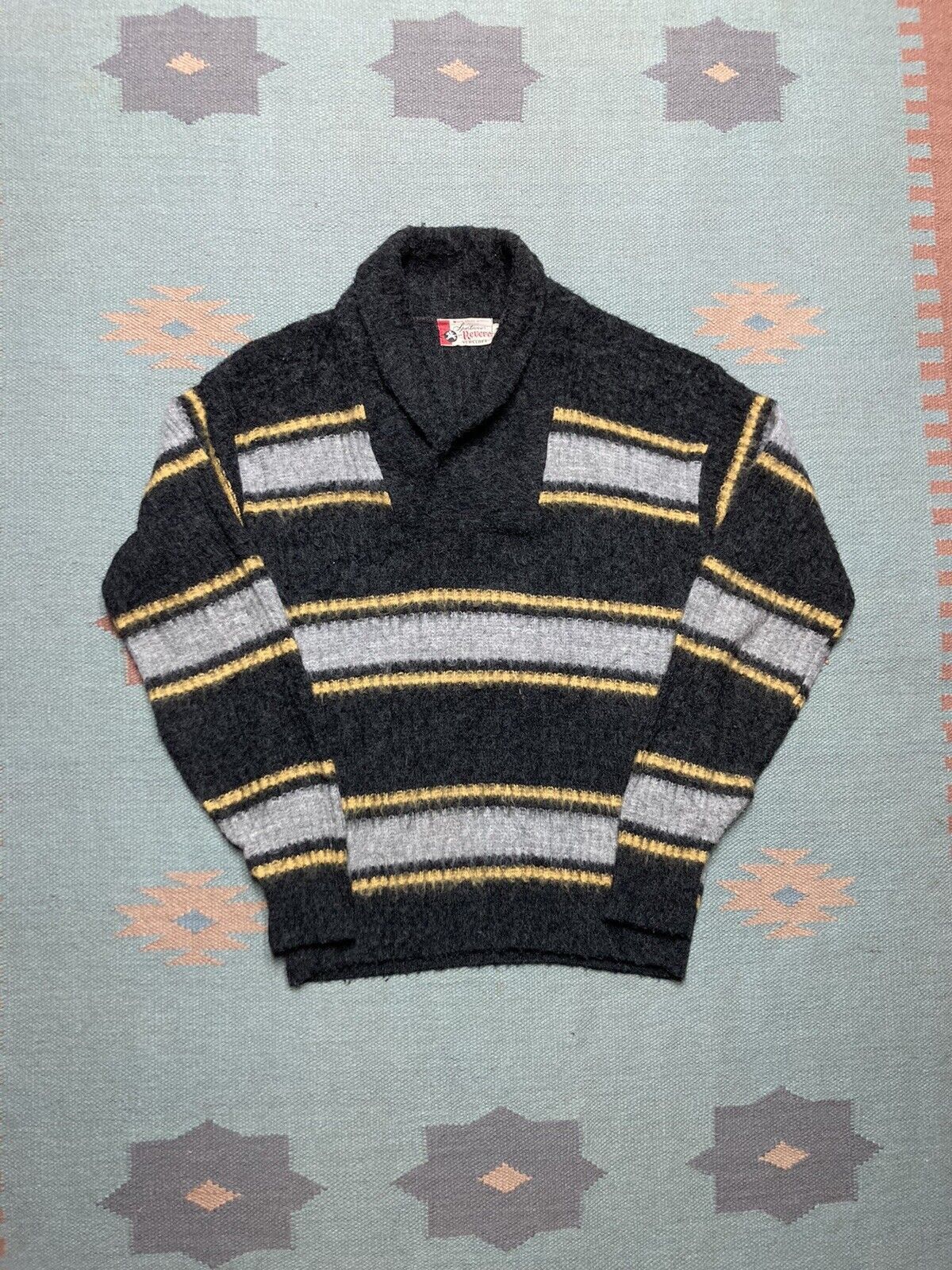 Vintage 60s acrylic sweater shawl collar shag hairy mohair stripe M Size US M / EU 48-50 / 2 - 1 Thumbnail