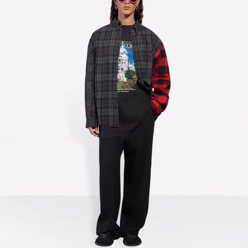 Balenciaga Balenciaga size 37 SS21 Black and Red Plaid Patchwork Embro Size US M / EU 48-50 / 2 - 9 Thumbnail