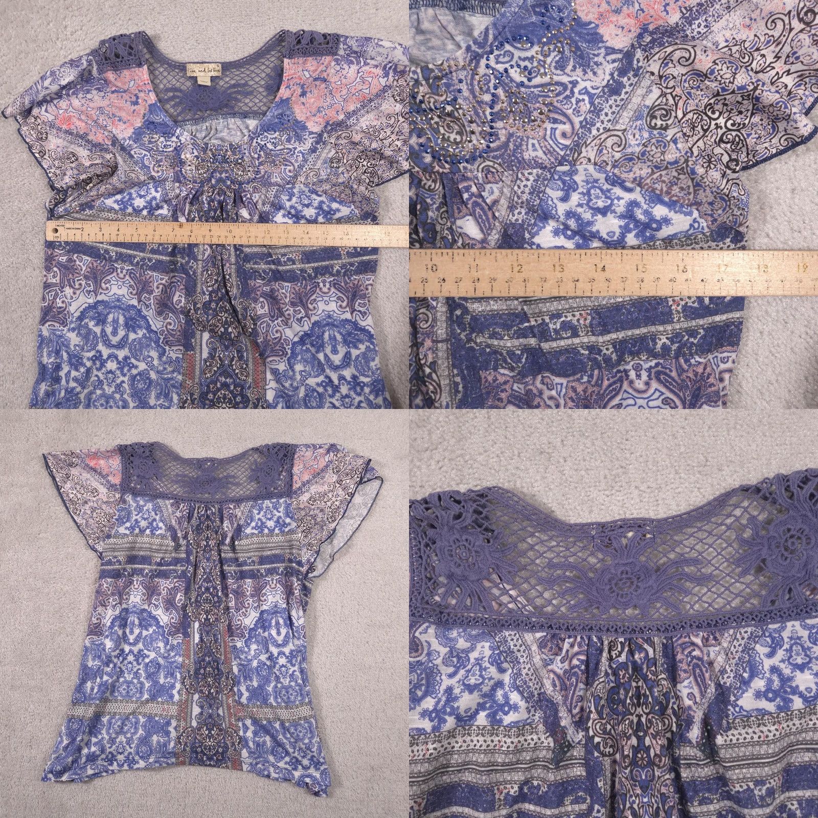 Olive Live And Let Live Blouse Womens Small Blue Paisley Beaded Tunic Top Crochet Lace Size S / US 4 / IT 40 - 8 Thumbnail