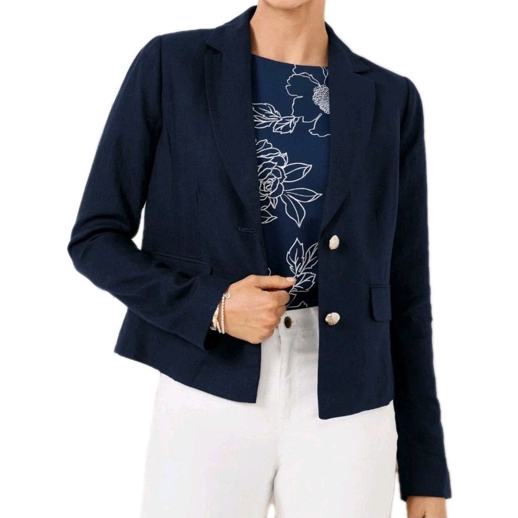 Talbots Talbots Women 100% Cotton Navy 2-Button Long-Sleeves Blazer ...