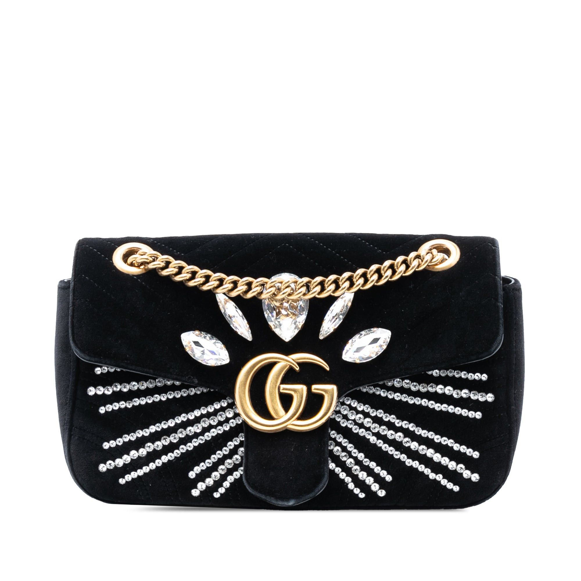 Gucci Medium GG Marmont Matelasse Velvet Crystal Embellished Shoulder Bag in Black, Women's