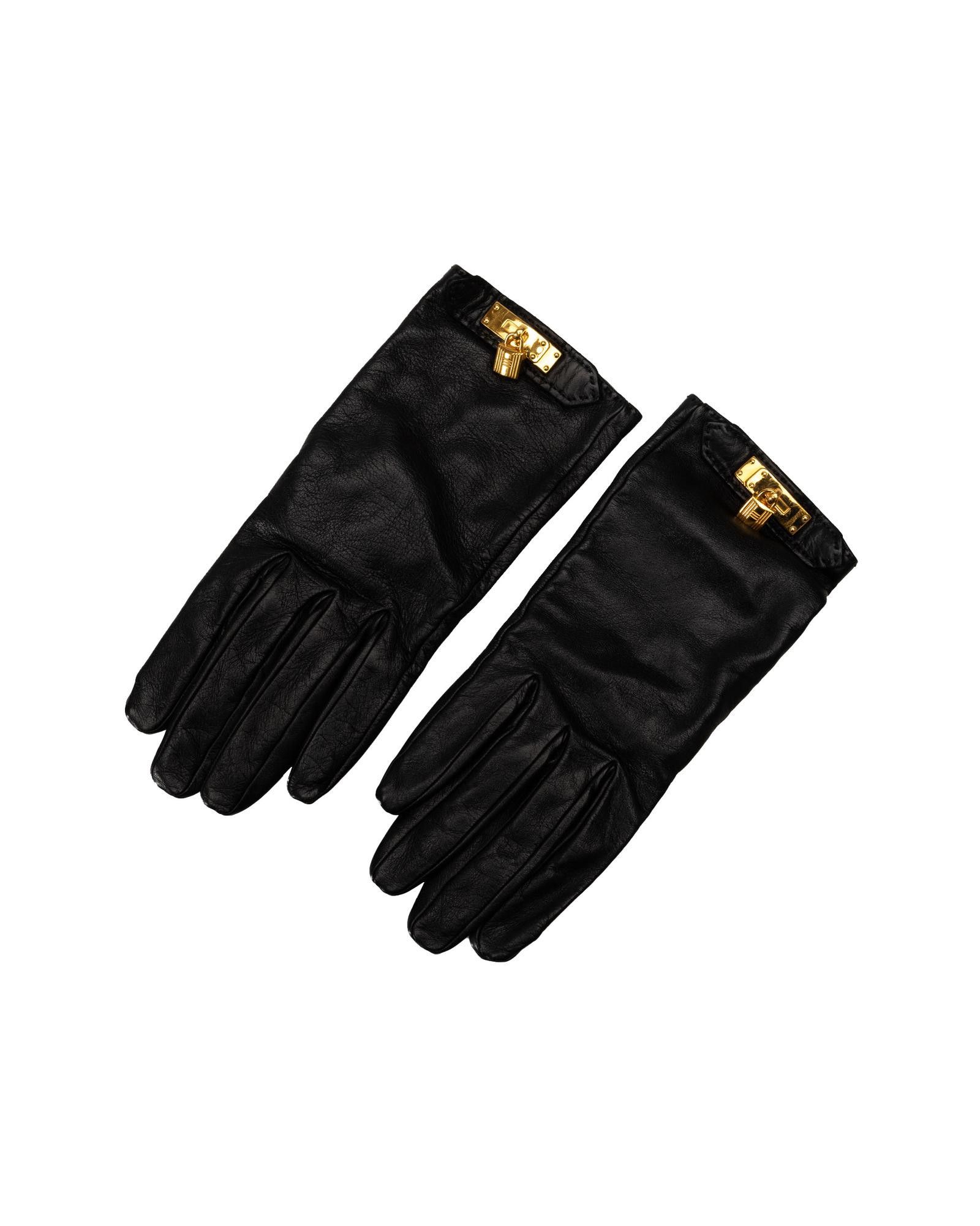 image of Hermes Leather Gloves With Gold-Tone Hardware in Black, Women's