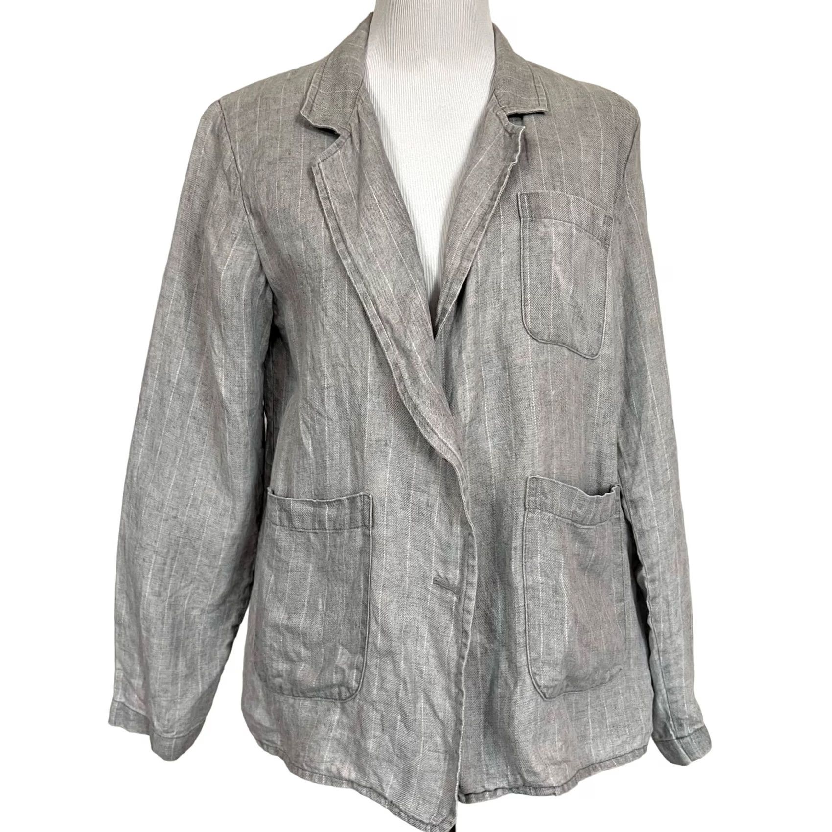 Vintage Sibel Saral Blazer Shirt Women’s Linen Gray Pinstripe Pockets Sz M Long Sleeve Button Front Back Slit Vintage? Size M / US 6-8 / IT 42-44 - 2 Thumbnail