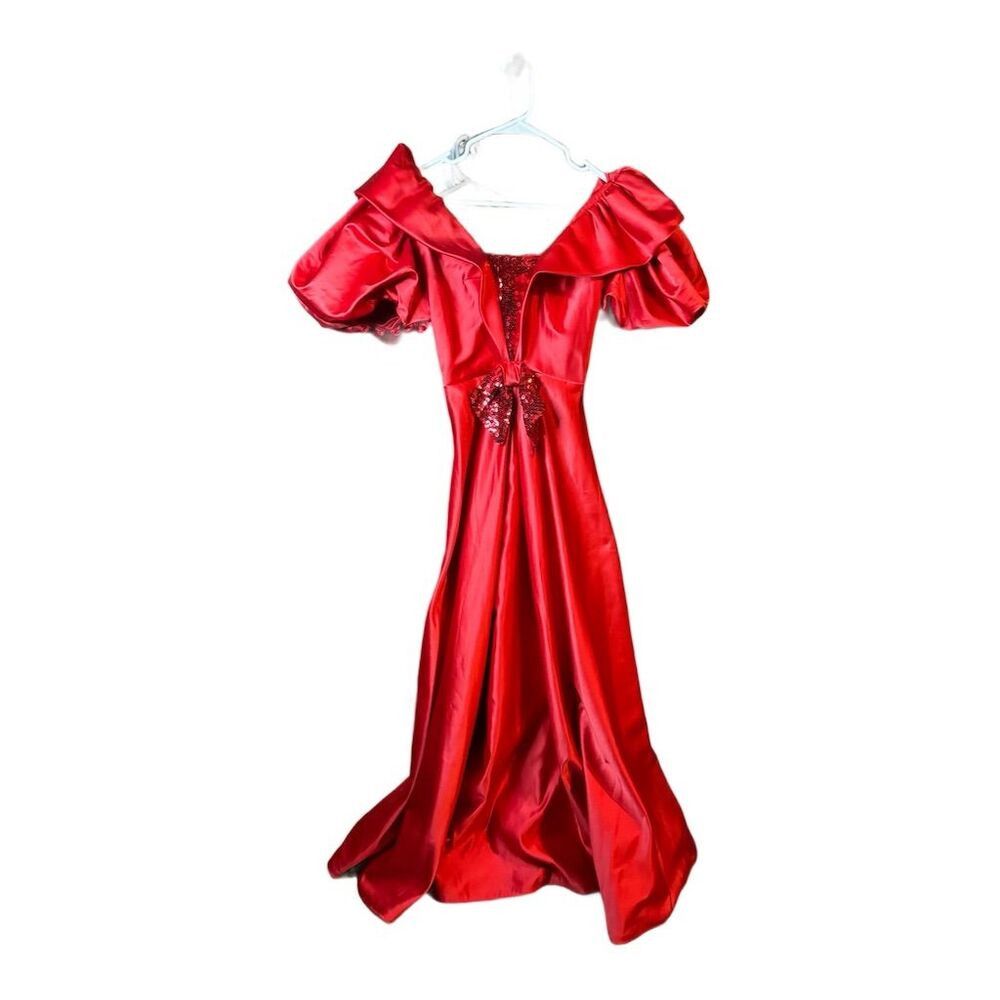 Vintage Alyce Designs Vintage 80s Red Satin Puff Sleeve Sequin Bow Size M / US 6-8 / IT 42-44 - 2 Thumbnail