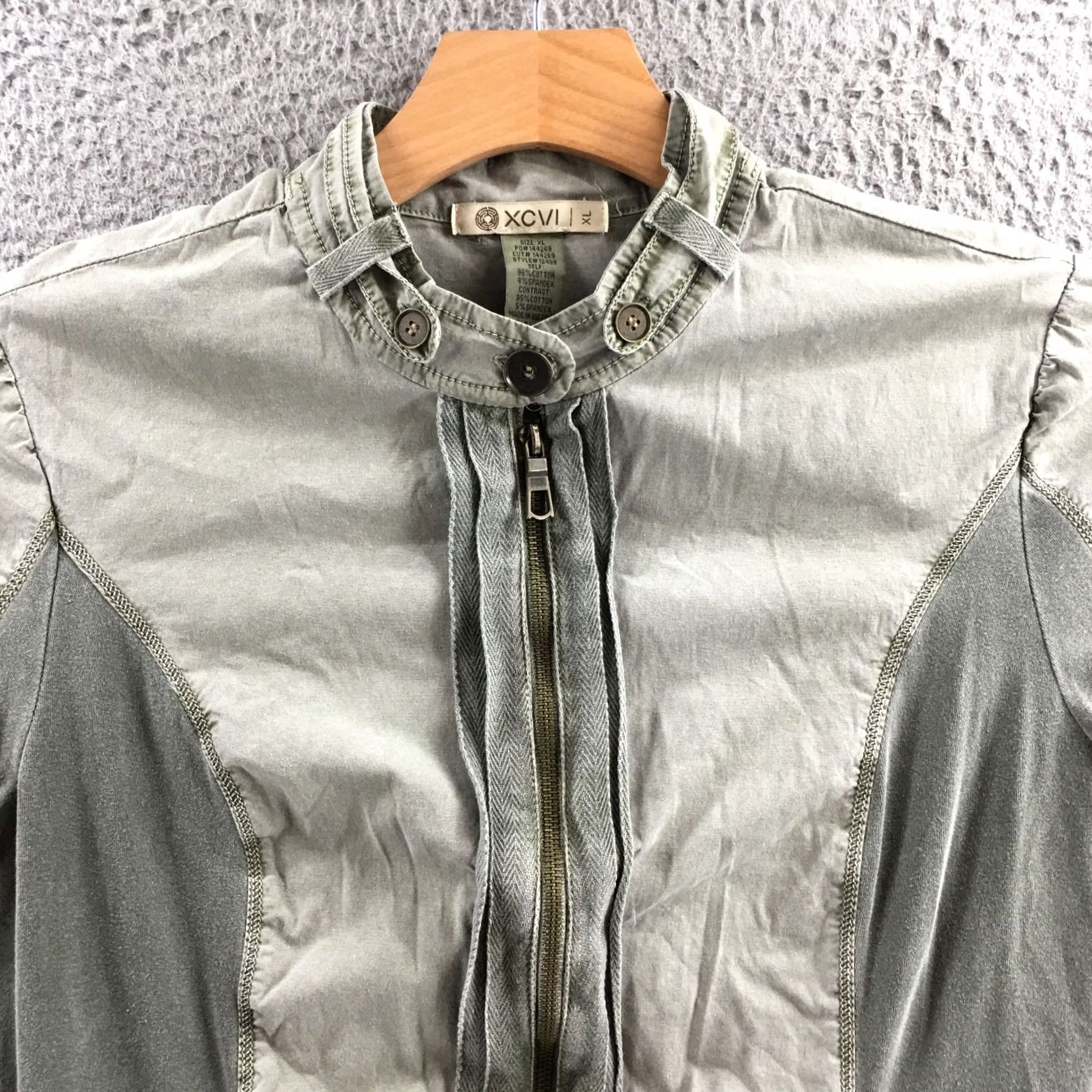 Vintage XCVI Zip Up Shirt Womens XL 3/4 Sleeve Grey Cotton Blend Mock Neck Casual Pocket Shirt Size XL / US 12-14 / IT 48-50 - 2 Thumbnail