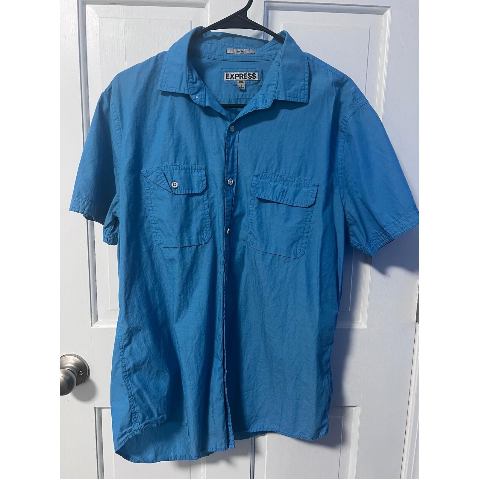 Express Express Shirt Mens Large Blue Excellent Fitted Short Sleeve Size US L / EU 52-54 / 3 - 2 Thumbnail