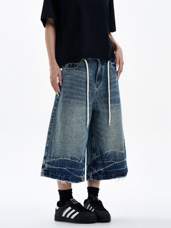 Vintage Men's Retro Washed & Distressed Drawstring Denim Shorts Size US 32 / EU 48 - 3 Thumbnail