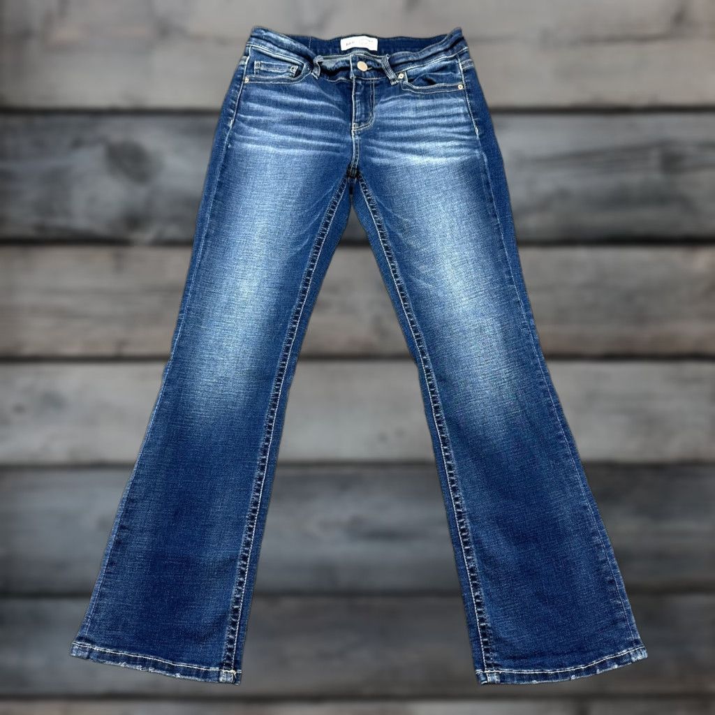 Vintage BKE Victoria Jeans Womens 26x29.5 Blue Mid Rise Bootcut Dark Distressed Comfort Pockets Zip 5-Pocket Denim Cotton Blend Regular Buckle Jeans Womens Size 26" / US 2 / IT 38 - 1 Thumbnail