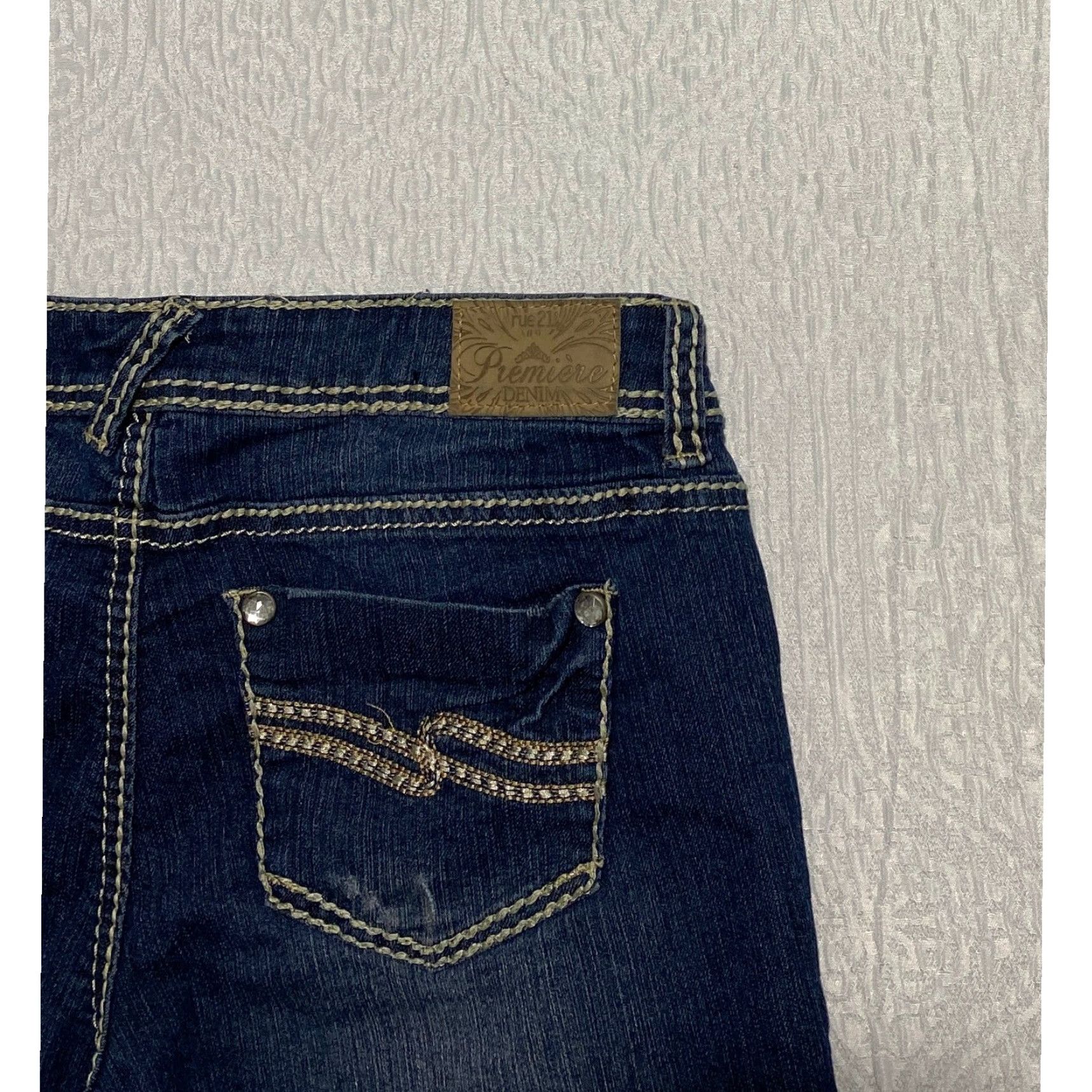 Vintage Premiere Womens Jeans 7/8 Dark Wash Distressed Embellished Rhinestone Whiskers Jeans Size 30" / US 8 / IT 44 - 4 Thumbnail
