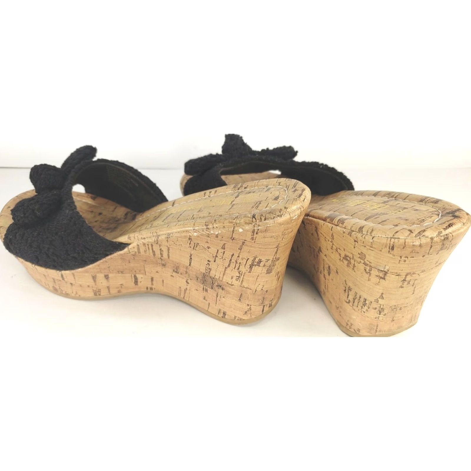 Vintage Hot Tomato Penelope Women's 7M Black Cork Wedge Slide Sandal 3" Heel Crochet Size US 7 / IT 37 - 5 Thumbnail