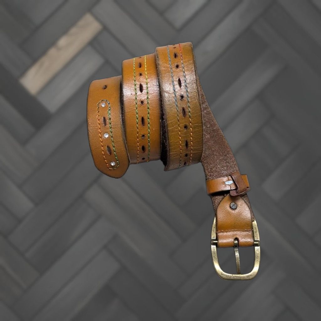 Vintage VINTAGE western belt belt 36 brown COWHIDE leather STITCHED studded RODEO Size 36 - 1 Thumbnail